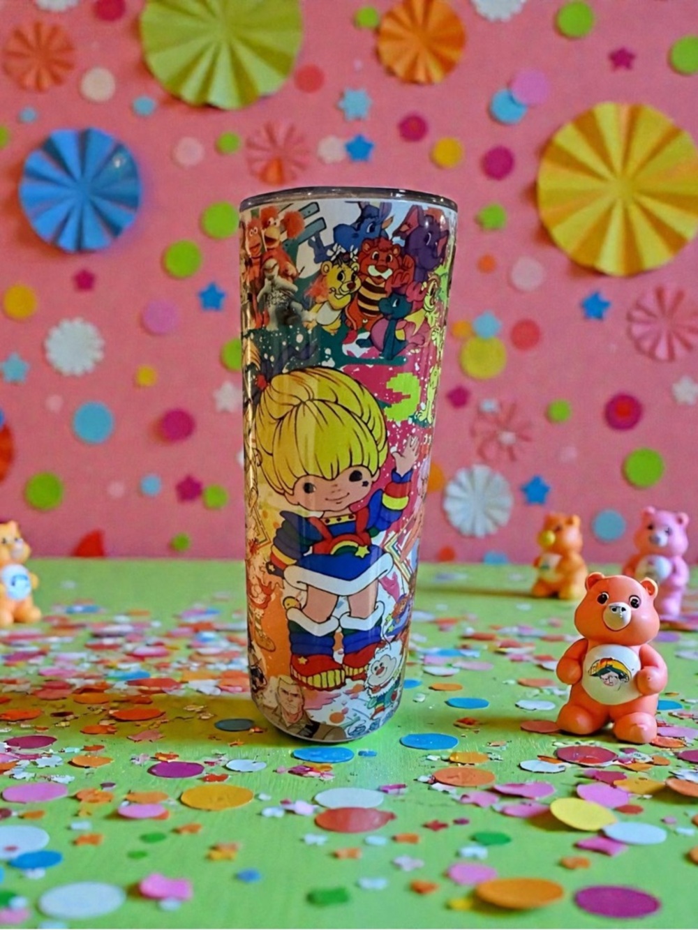 80’s Theme Rainbow Girl and Cartoon Friends 20oz Skinny Stainless Steel Tumbler